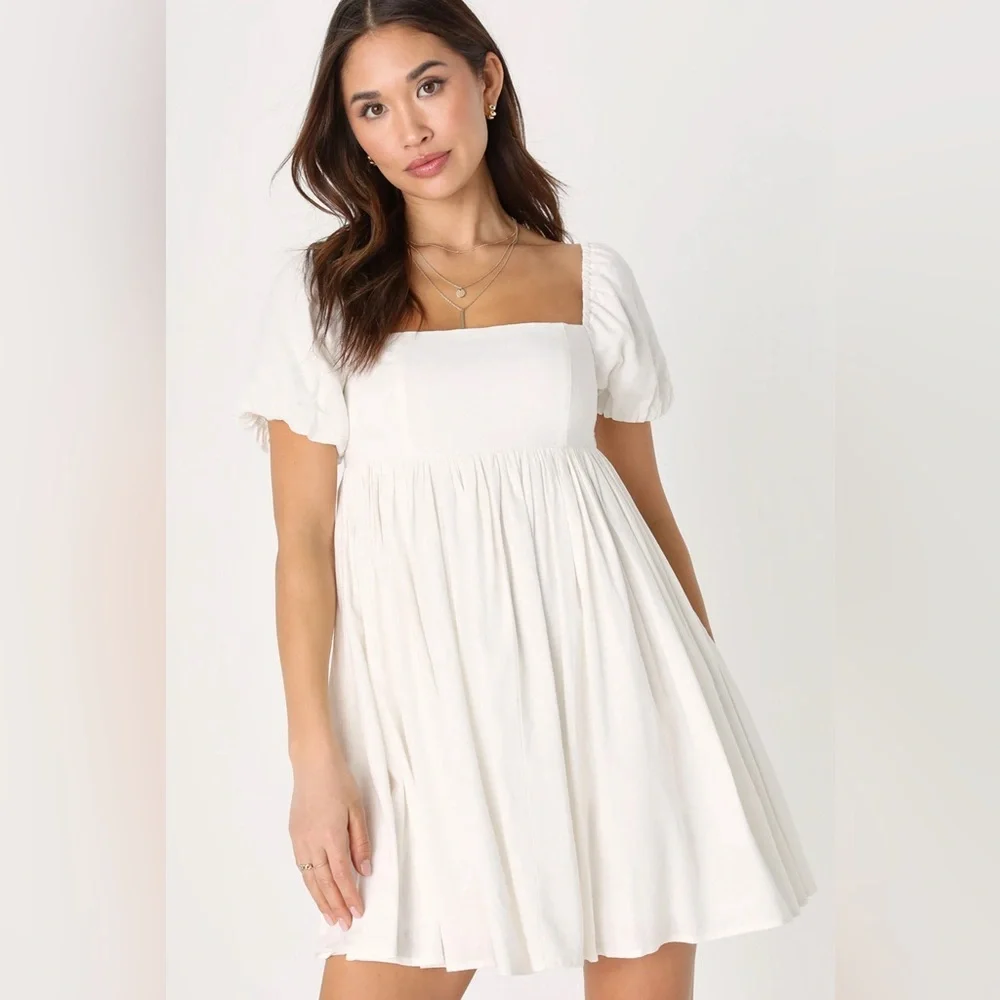 Lulus Coquette Girl White Puff Bubble Sleeve Babydoll Dress - Picture 1 of 3